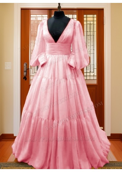 Long Sleeves A Line Coral V Neck Chiffon Pleated Prom Dresses 2025 - Image 12