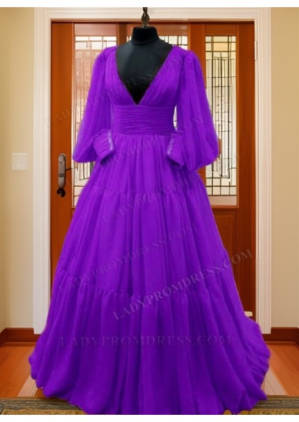 Long Sleeves A Line Coral V Neck Chiffon Pleated Prom Dresses 2025 - Image 13