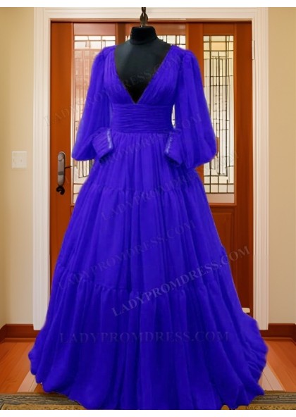 Long Sleeves A Line Coral V Neck Chiffon Pleated Prom Dresses 2025 - Image 15