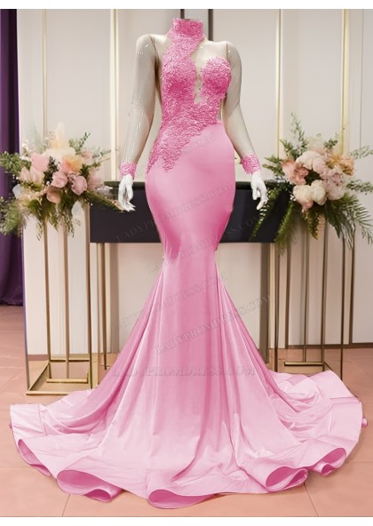 2025 Mermaid Pink Silk Like Satin High Neck Long Sleeves Prom Dresses With Appliques - Image 15