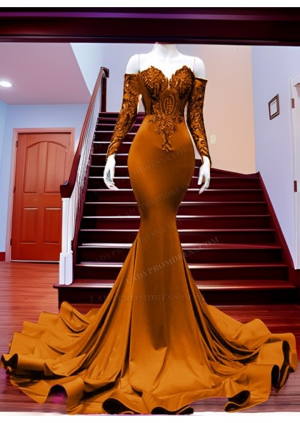 2025 Mermaid Emerald Green Long Sleeves Off Shoulder Prom Dresses With Appliques - Image 13