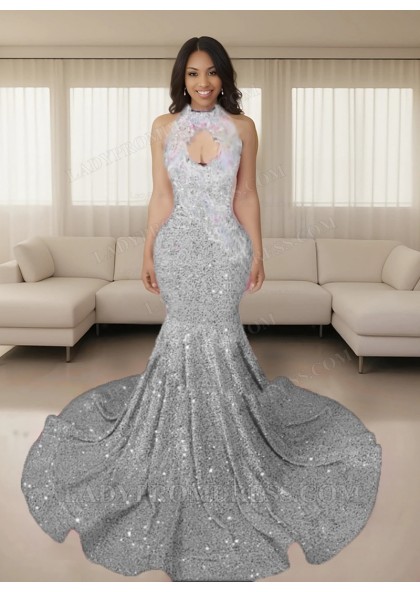 2025 Pink Halter Chest Hollow Sequins Mermaid Long Prom Dresses - Image 13